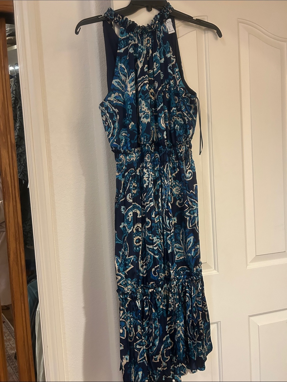 Nicole Miller Navy, Teal & White Paisley Halter Midi Dress